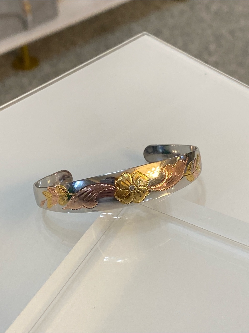 Sterling Silver Cuff Bracelet with Gold & Rose Floral Inlay